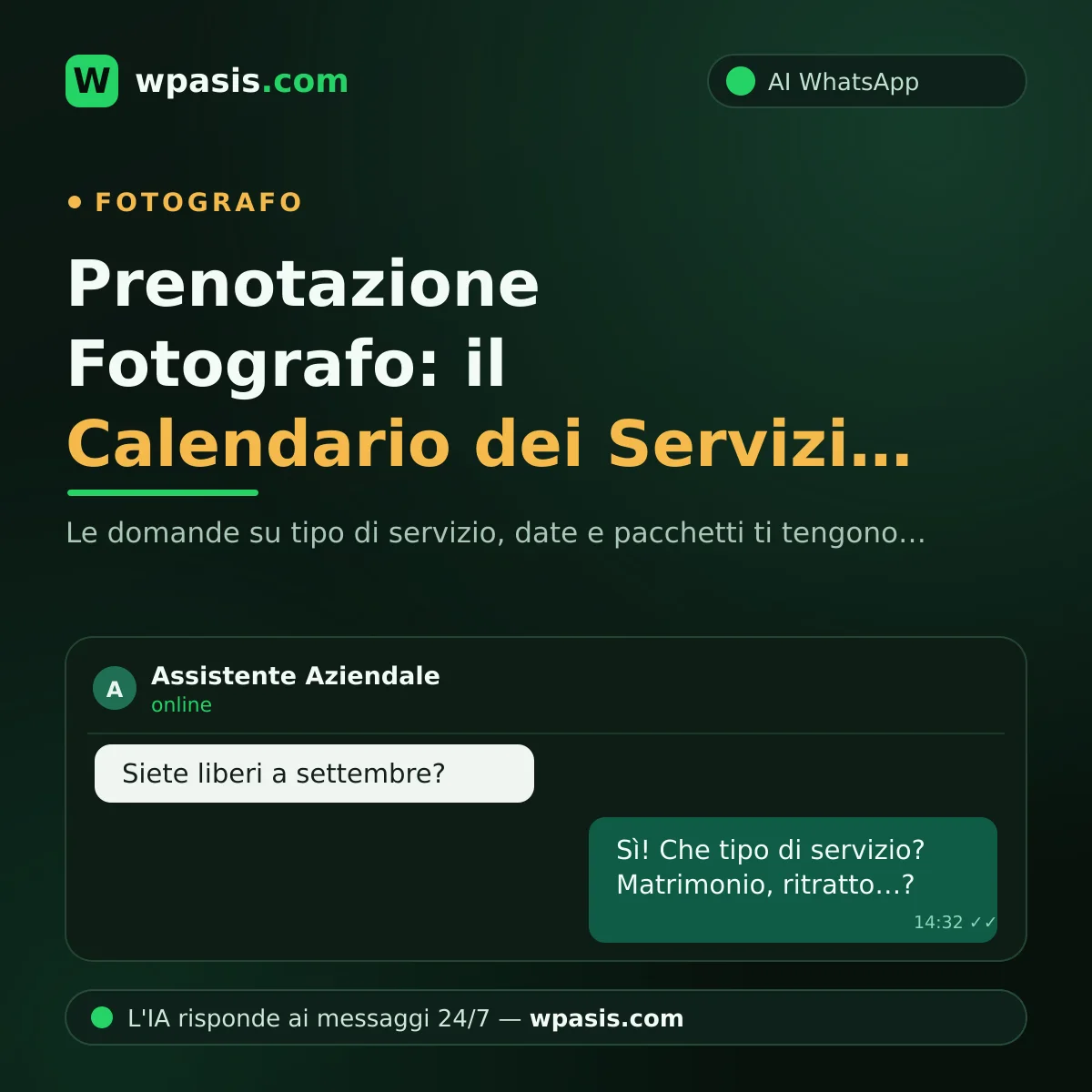 Prenotazione Fotografo: il Calendario dei Servizi su WhatsApp